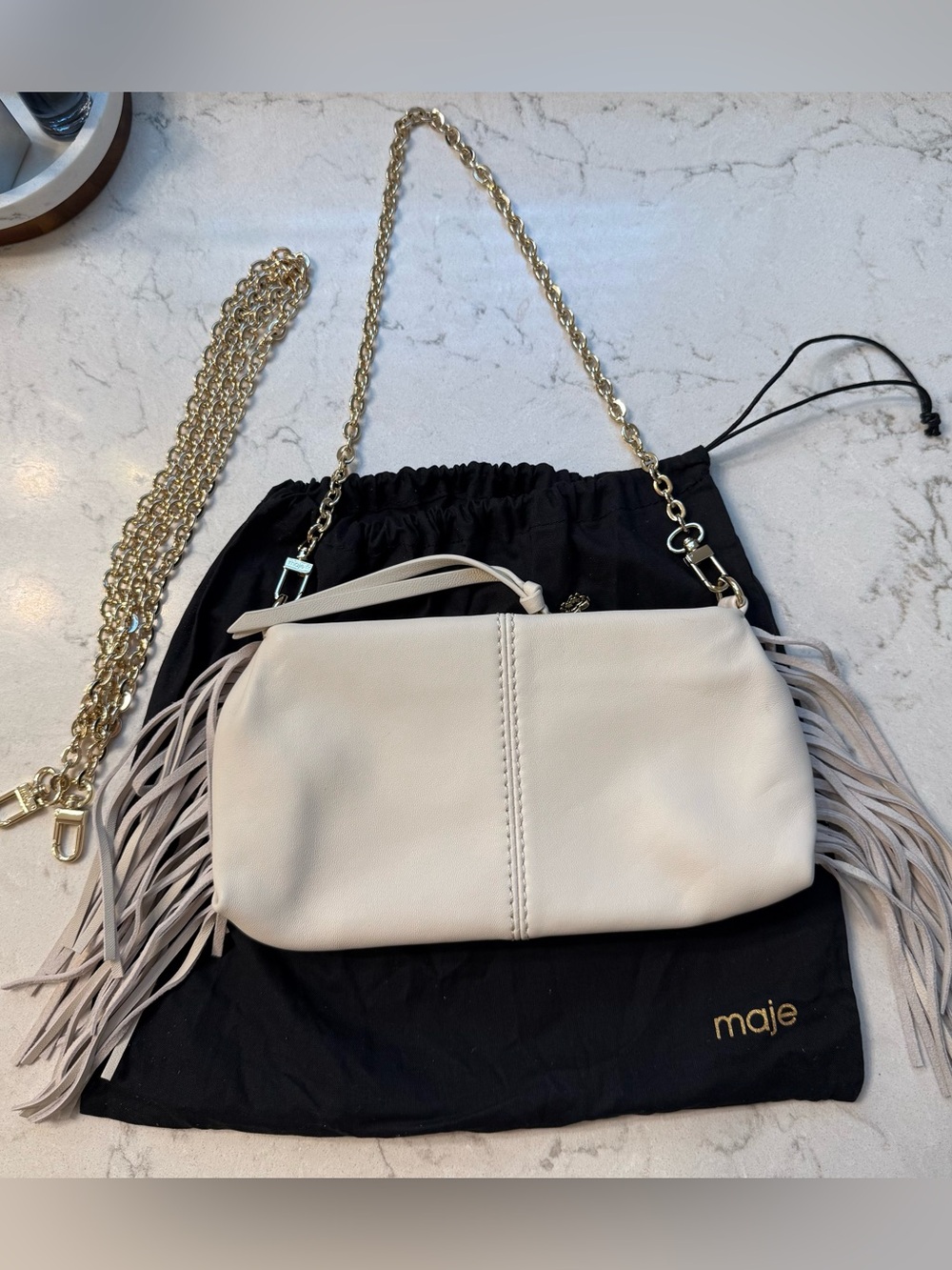 NWOT! maje Cream Fringe Leather w/ 2 Gold Chains. Shoulder or Crossbody Option.